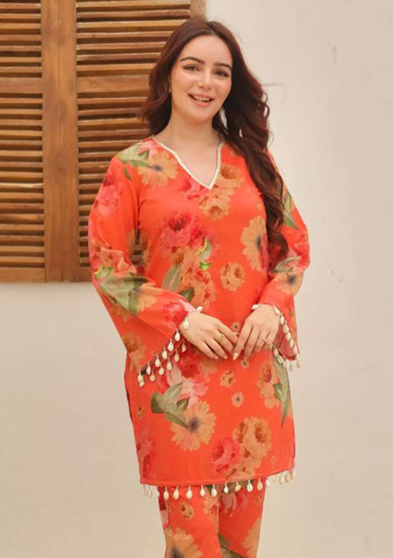 Red Floral Print Rayon Co Ord Set - Indya