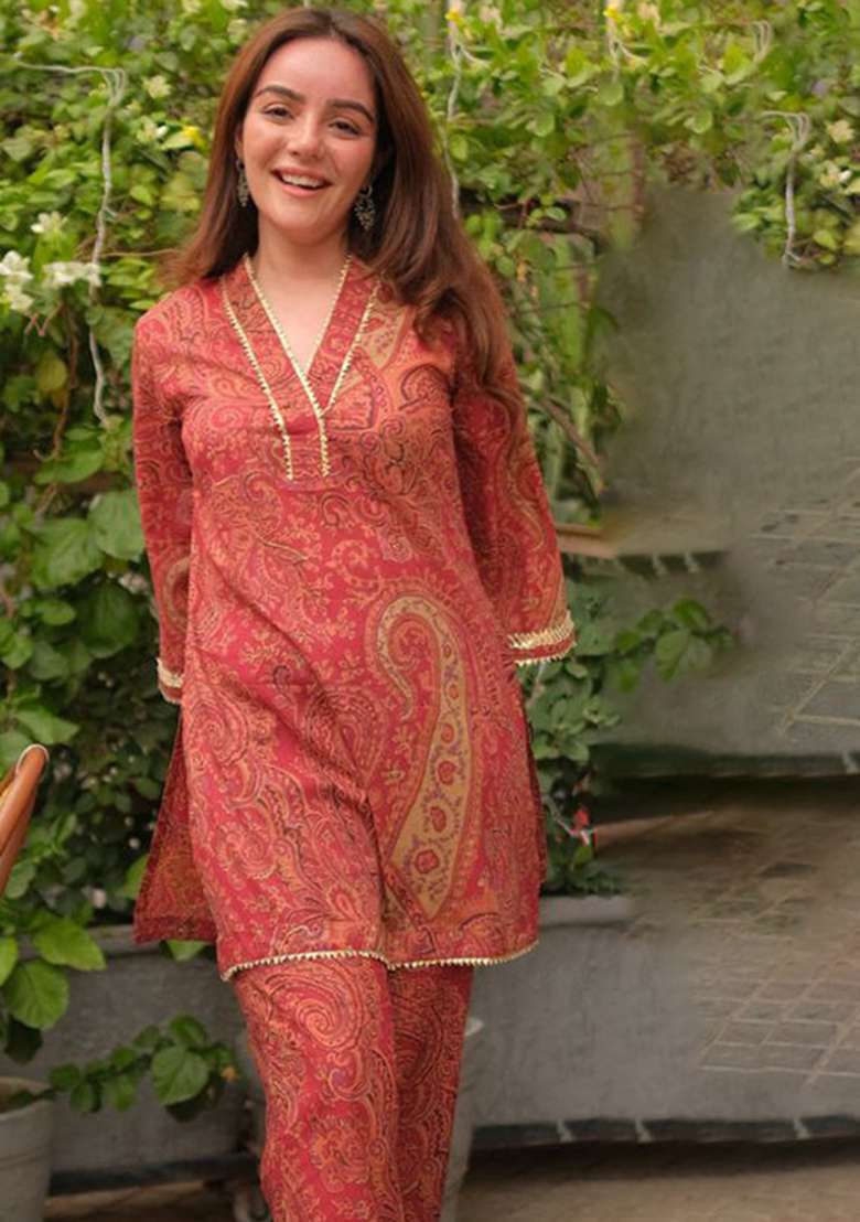 Maroon Printed Rayon Co Ord Set - Indya