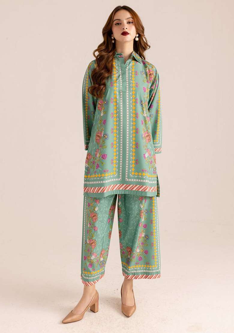 Green Floral Print Rayon Co Ord Set - Indya