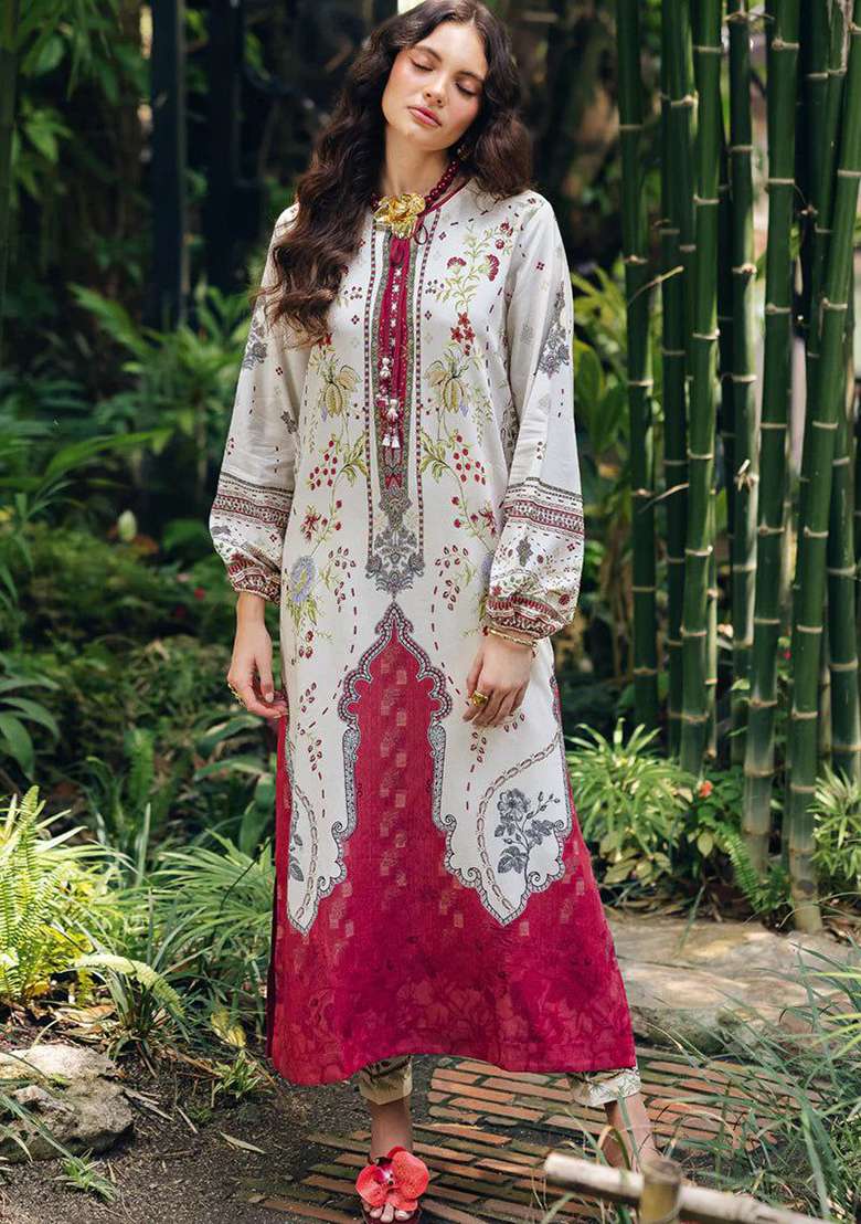White Printed Rayon Pakistani Suit Set - Indya