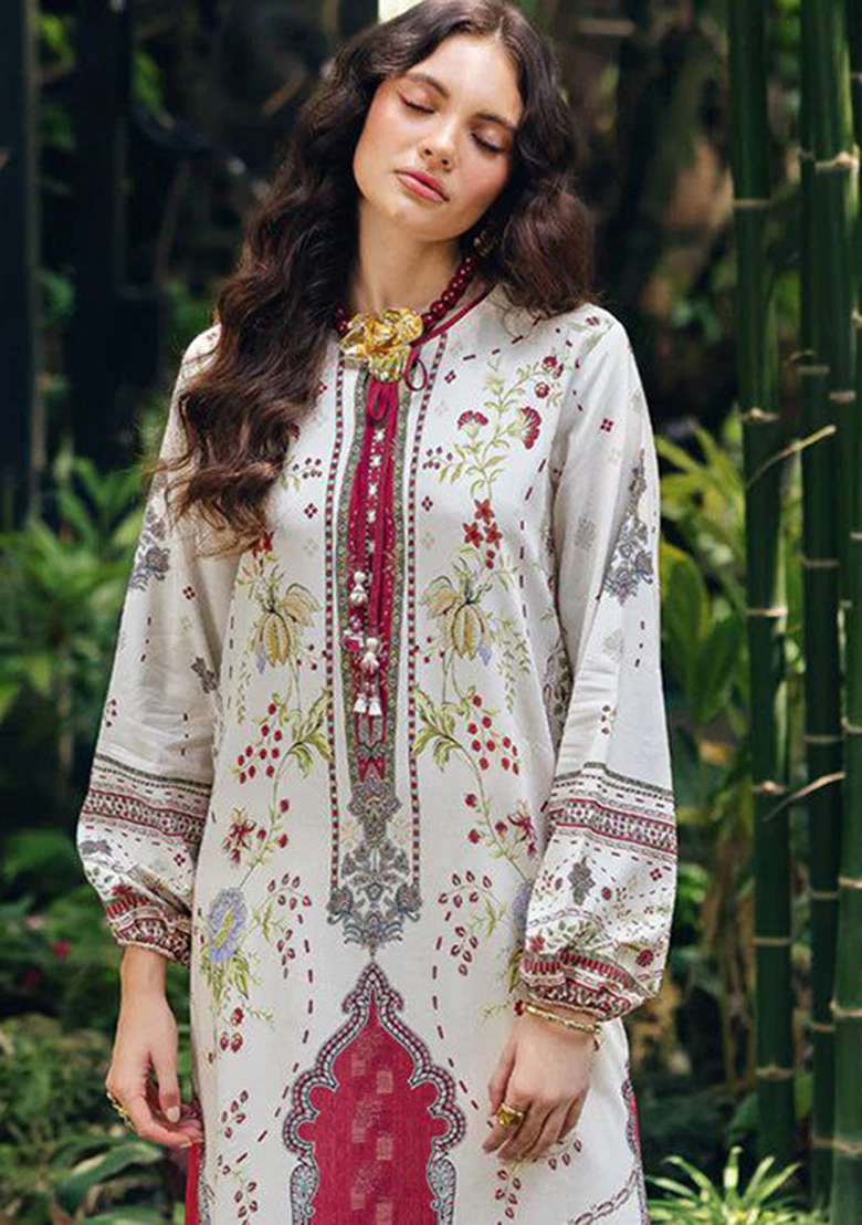 White Printed Rayon Pakistani Suit Set - Indya