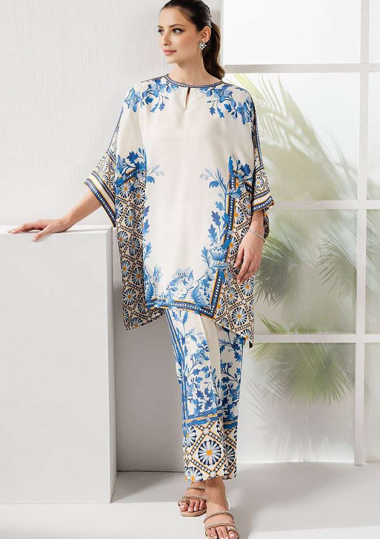 White Floral Print Rayon Kaftan Set - Indya