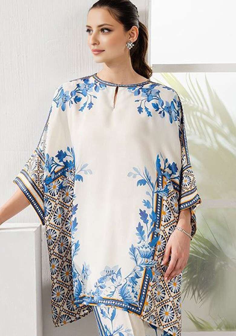 White Floral Print Rayon Kaftan Set - Indya