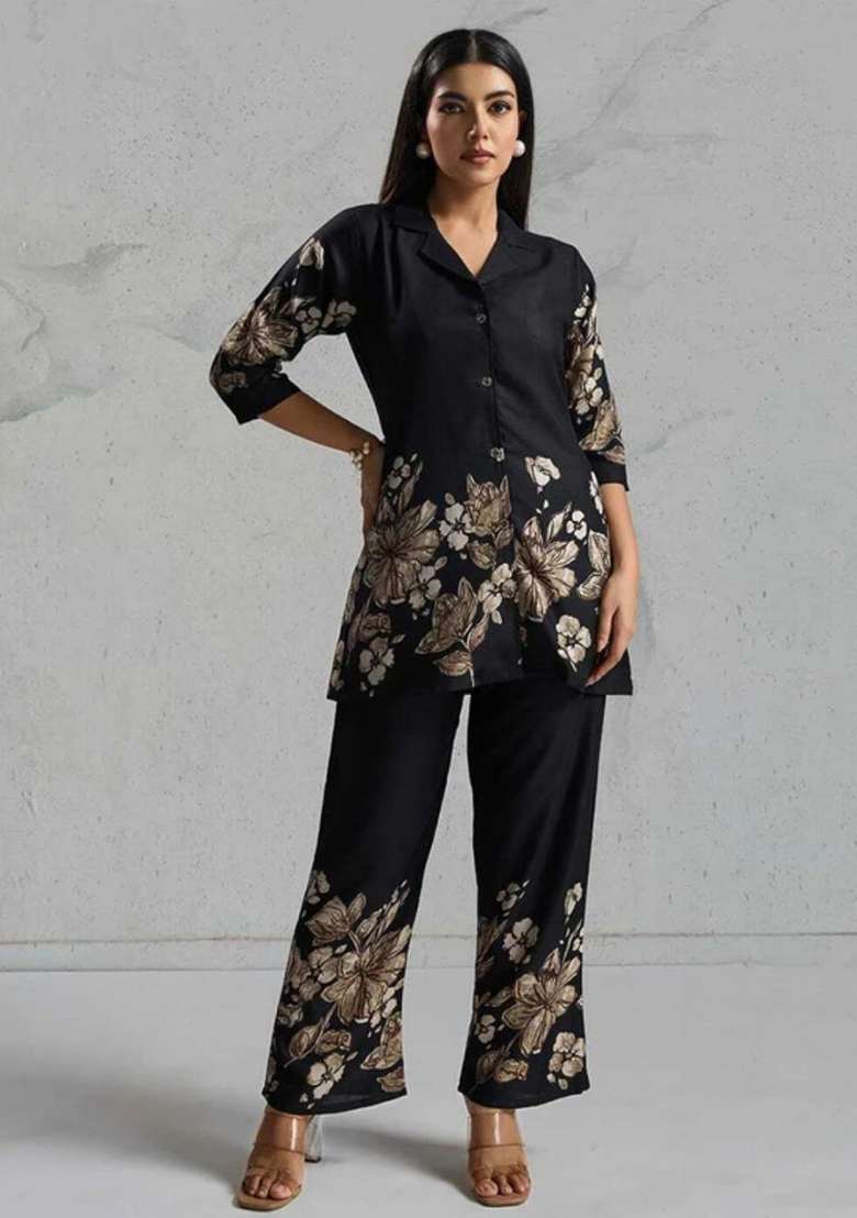Black Floral Print Rayon Co Ord Set - Indya