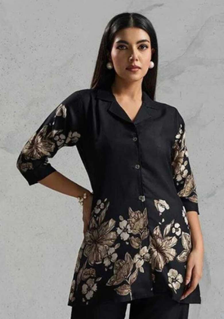 Black Floral Print Rayon Co Ord Set - Indya
