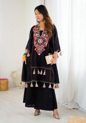 Black Embroidery Cotton Co Ord Set