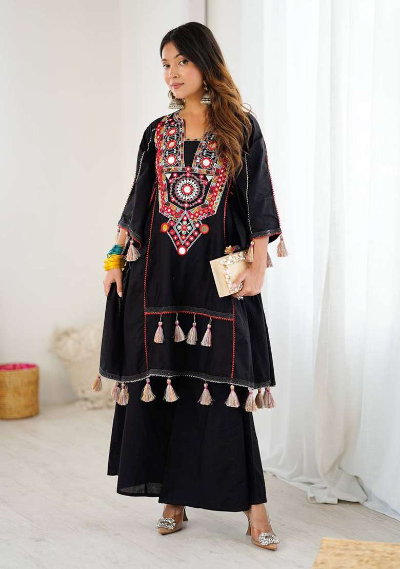 Black Embroidery Cotton Co Ord Set - Indya