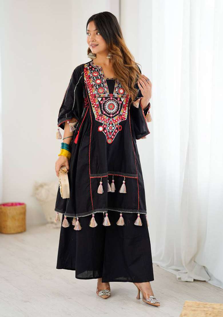 Black Embroidery Cotton Co Ord Set - Indya