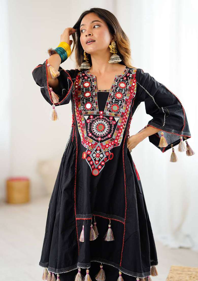 Black Embroidery Cotton Co Ord Set - Indya