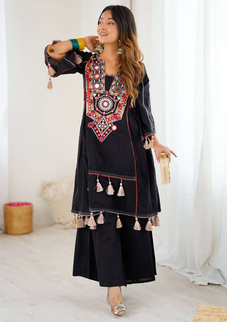 Black Embroidery Cotton Co Ord Set - Indya