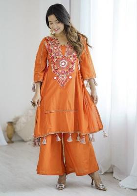 Orange Embroidery Cotton Co Ord Set