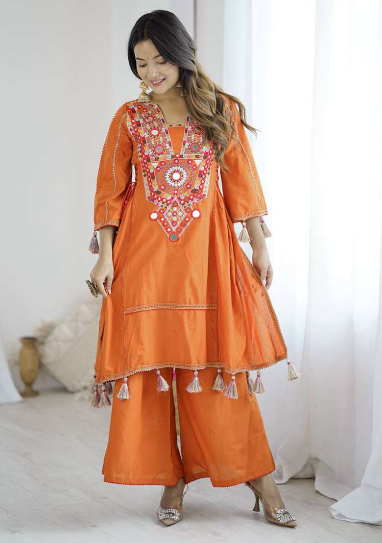 Orange Embroidery Cotton Co Ord Set - Indya
