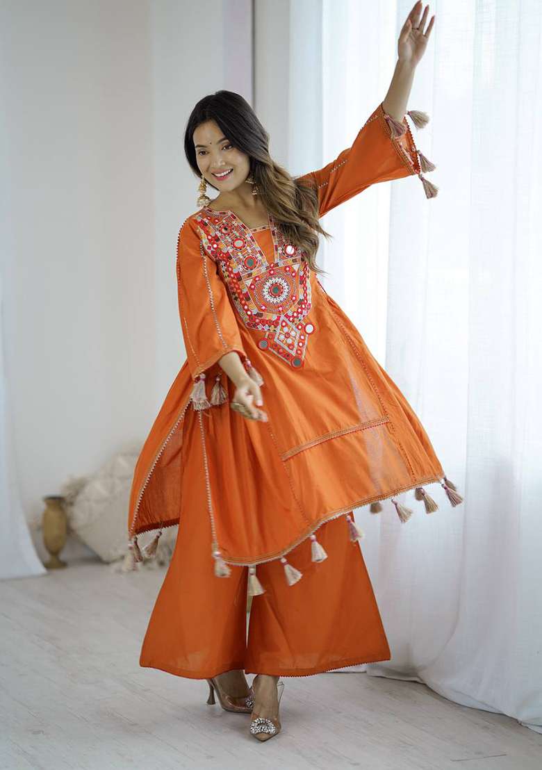 Orange Embroidery Cotton Co Ord Set - Indya