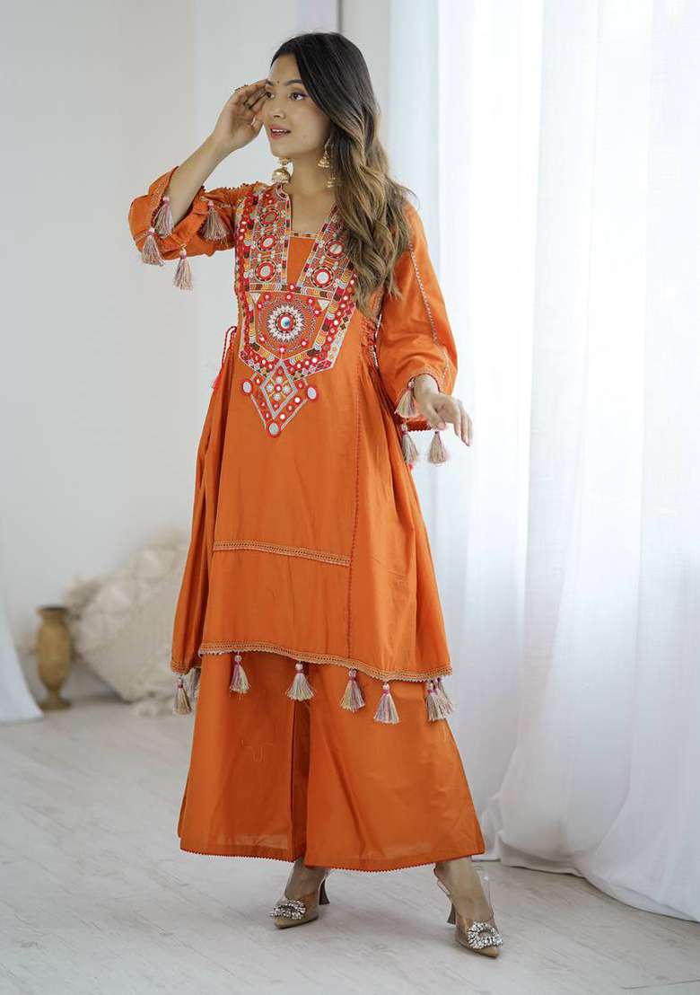 Orange Embroidery Cotton Co Ord Set - Indya