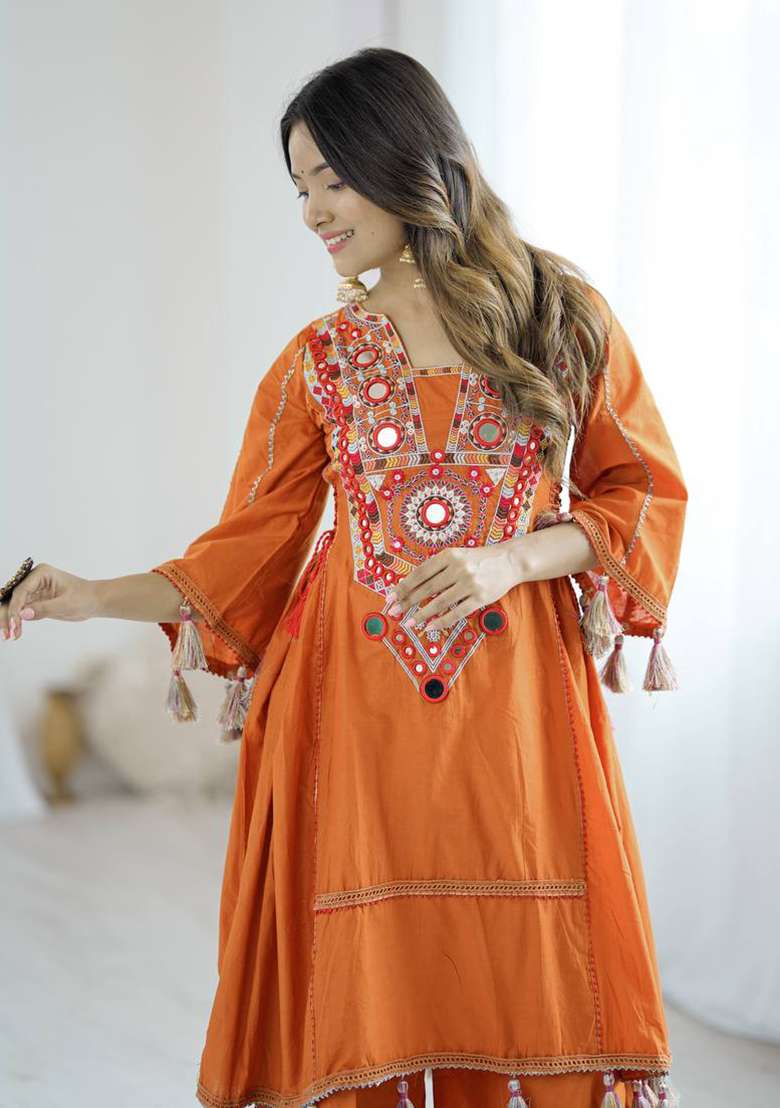 Orange Embroidery Cotton Co Ord Set - Indya