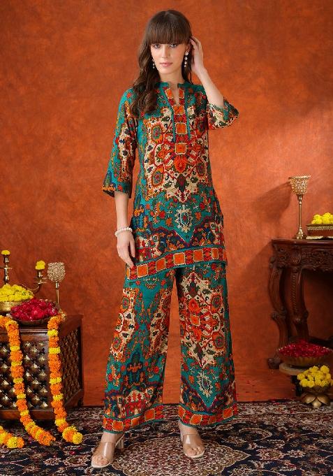 Teal Printed Rayon Co Ord Set