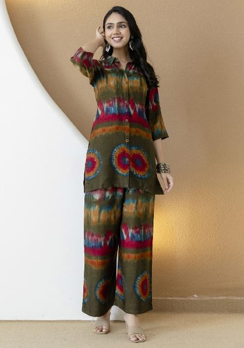 Green Printed Gajji Silk Co Ord Set