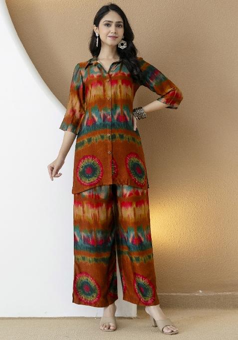 Orange Printed Gajji Silk Co Ord Set