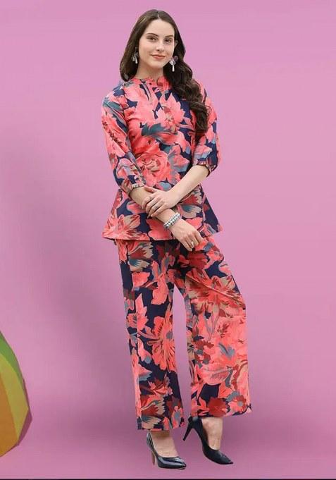 Coral Pink Floral Viscose Rayon Kurta Set