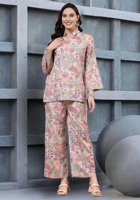 Pink Floral Viscose Rayon Kurta Set