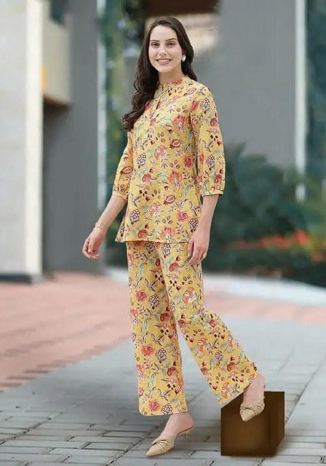Yellow Floral Viscose Rayon Kurta Set
