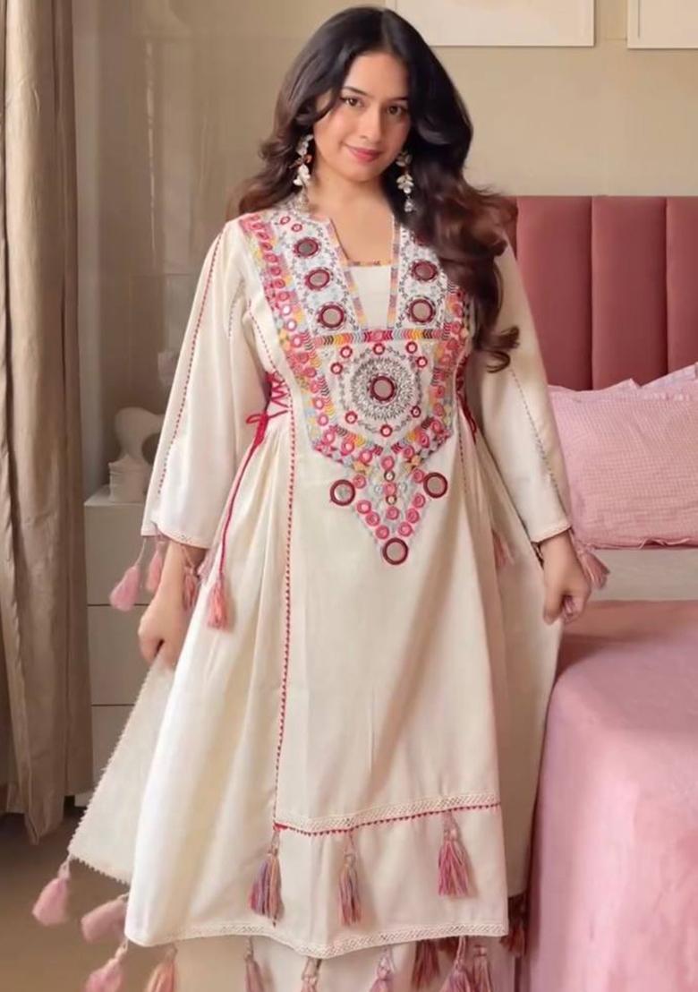 White Embroidery Khadi Cottan Co Ord Set - Indya