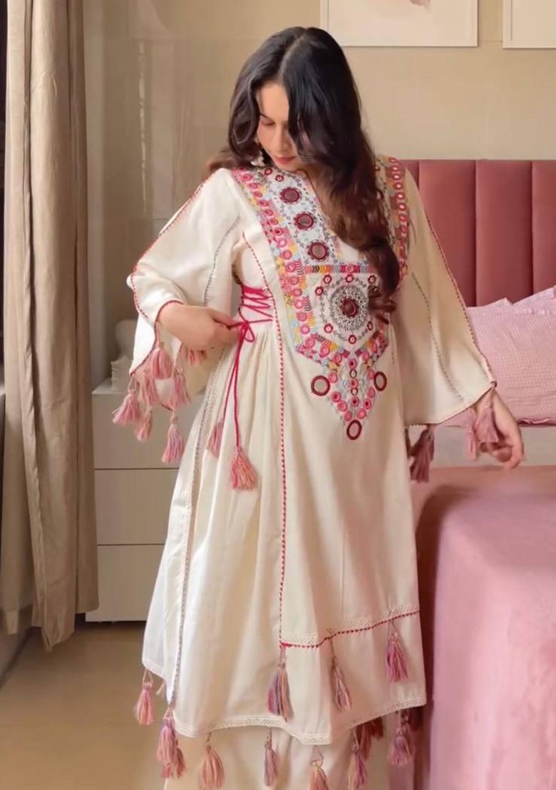 White Embroidery Khadi Cottan Co Ord Set - Indya