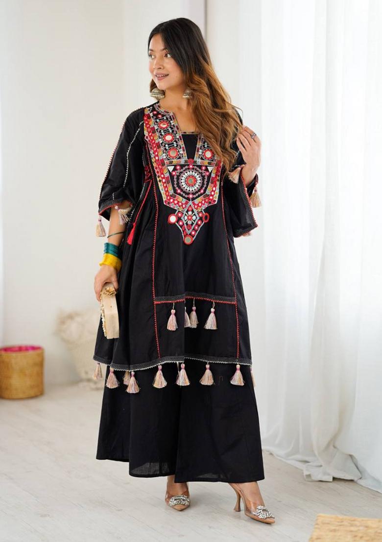 Black Embroidery Khadi Cottan Co Ord Set - Indya