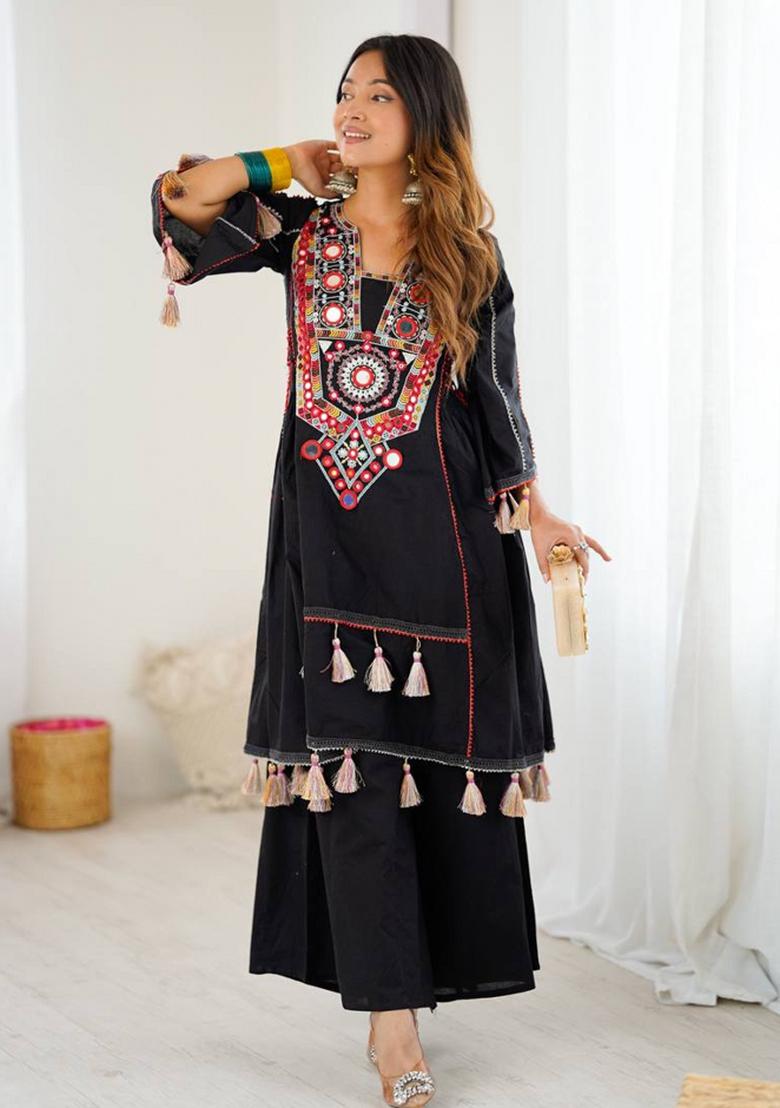 Black Embroidery Khadi Cottan Co Ord Set - Indya