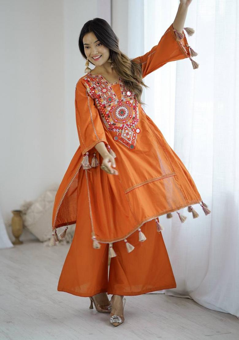 Orange Embroidery Khadi Cottan Co Ord Set - Indya
