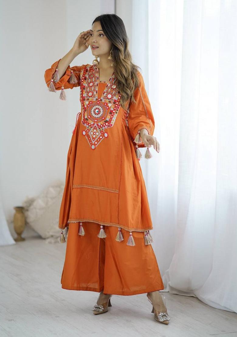 Orange Embroidery Khadi Cottan Co Ord Set - Indya