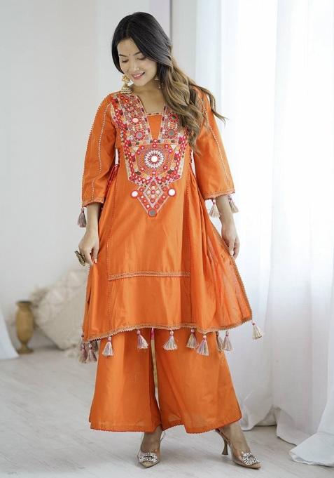 Orange Embroidery Khadi Cottan Co Ord Set