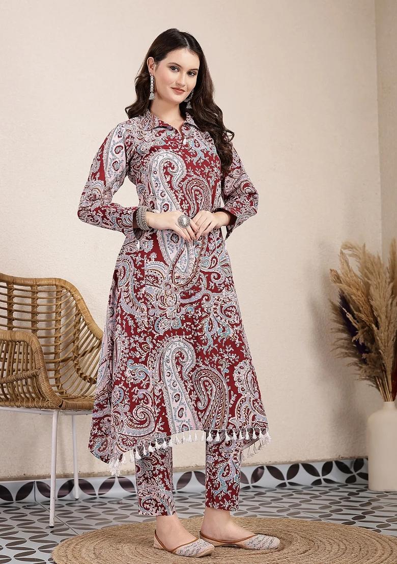 Maroon Printed Cotton Co Ord Set - Indya