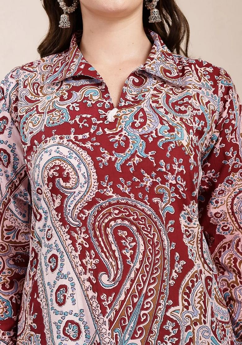 Maroon Printed Cotton Co Ord Set - Indya