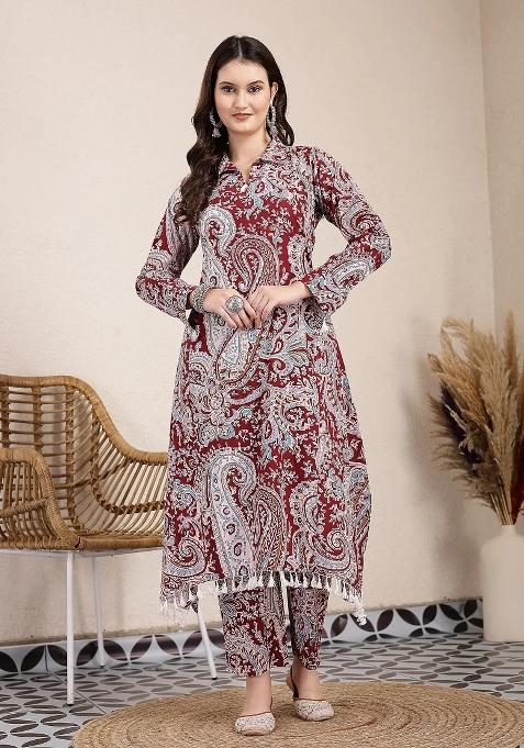 Maroon Printed Cotton Co Ord Set