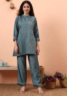 Blue Motif Silk Blend Co Ord Set