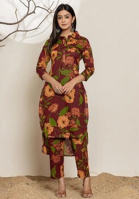 Maroon Motif Cotton Co Ord Set