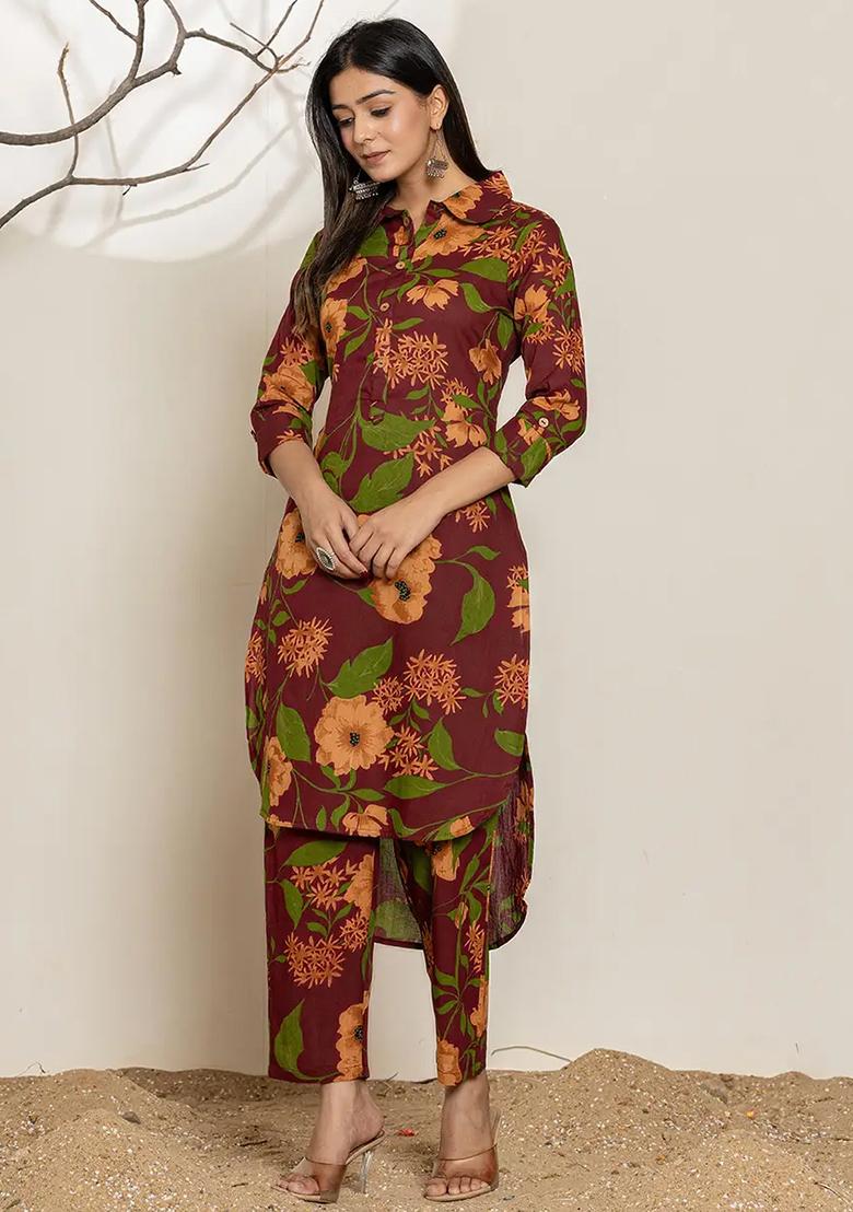Maroon Motif Cotton Co Ord Set - Indya