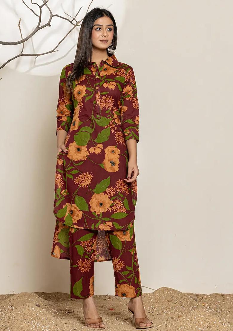 Maroon Motif Cotton Co Ord Set - Indya