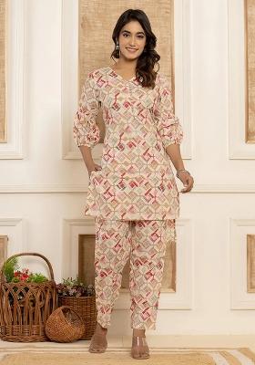 Cream Motif Cotton Co Ord Set