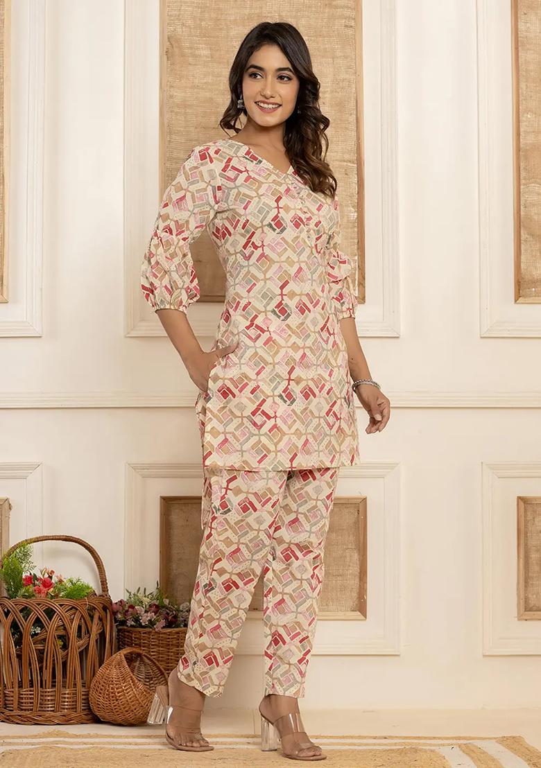 Cream Motif Cotton Co Ord Set - Indya