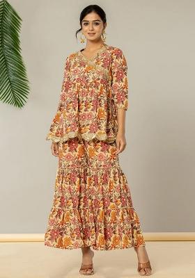 Beige Motif Cotton Co Ord Set