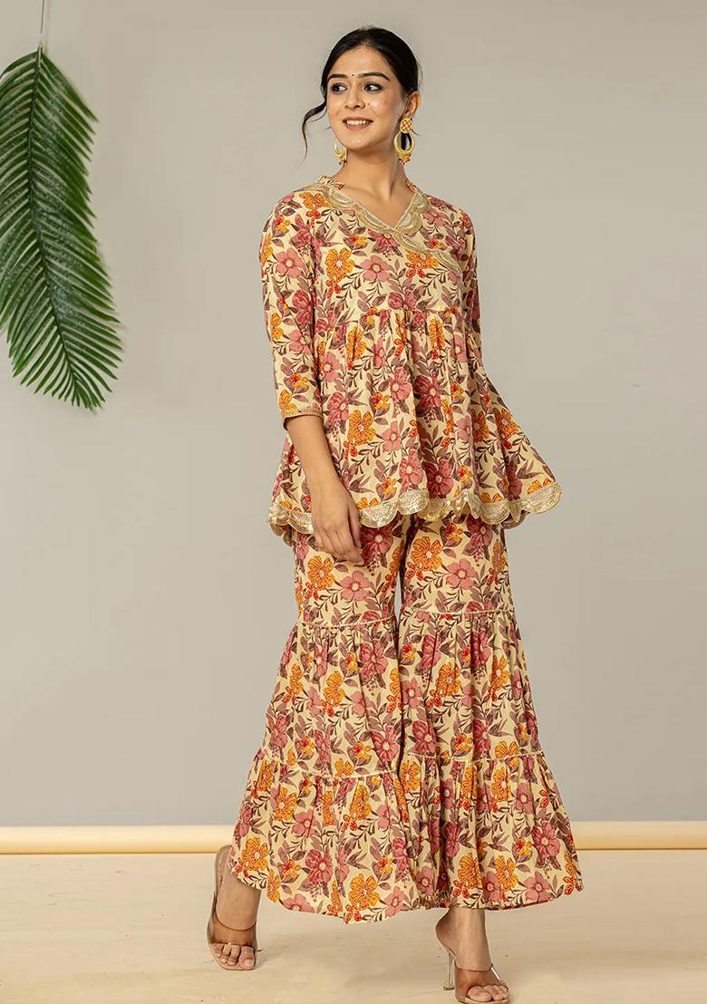 Beige Motif Cotton Co Ord Set - Indya