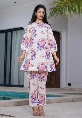 Peach Printed Cotton Co Ord Set