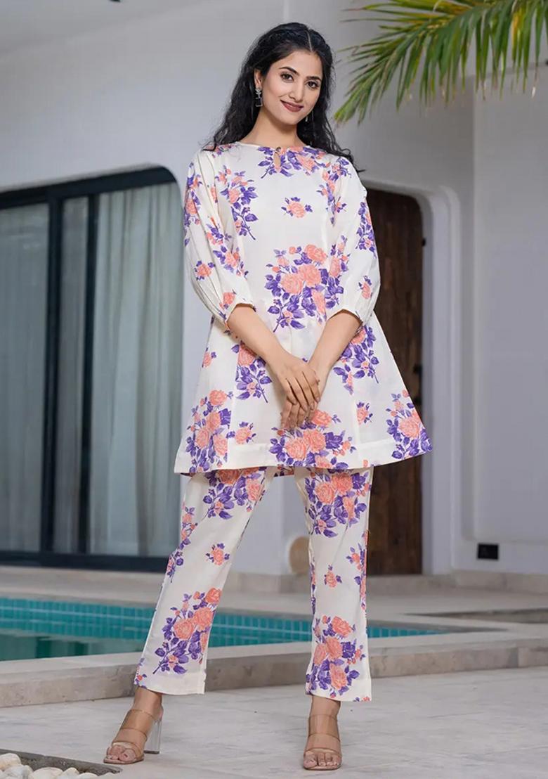 Peach Printed Cotton Co Ord Set - Indya