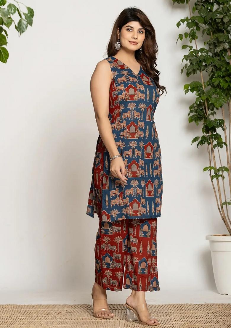 Blue Motif Cotton Co Ord Set - Indya