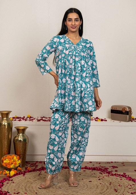 blue Hand Block Printed Cotton Co Ord Set