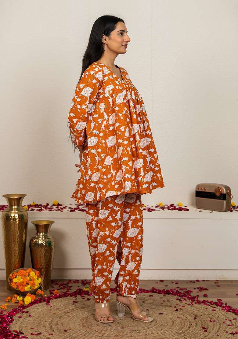 Peach Floral Print Cotton Co Ord Set - Indya
