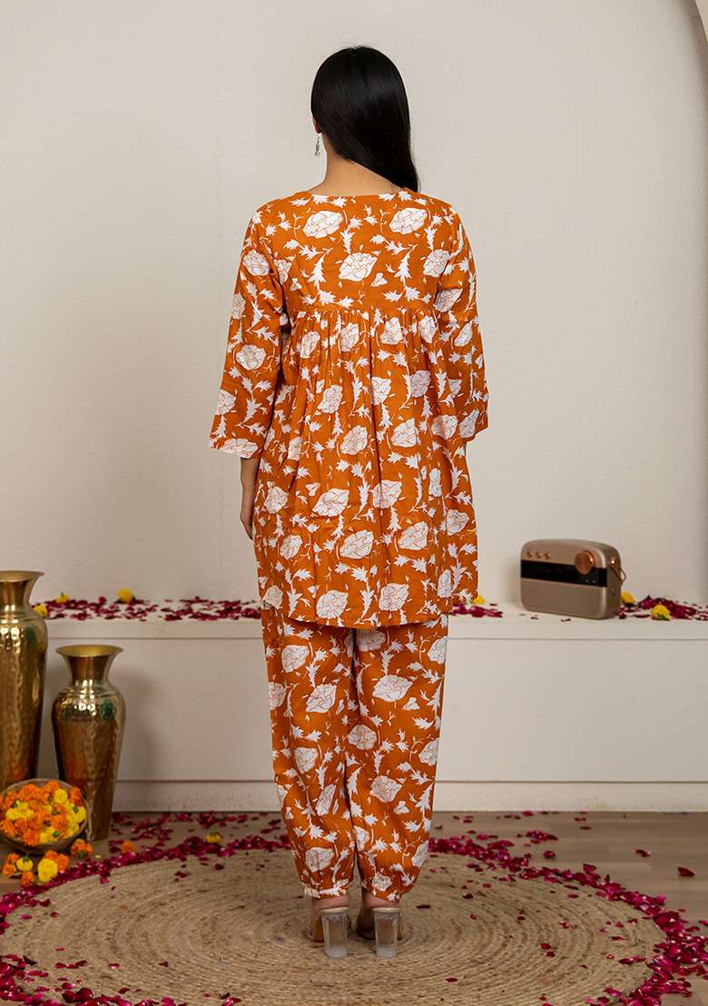 Peach Floral Print Cotton Co Ord Set - Indya