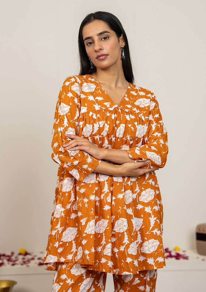 Peach Floral Print Cotton Co Ord Set - Indya